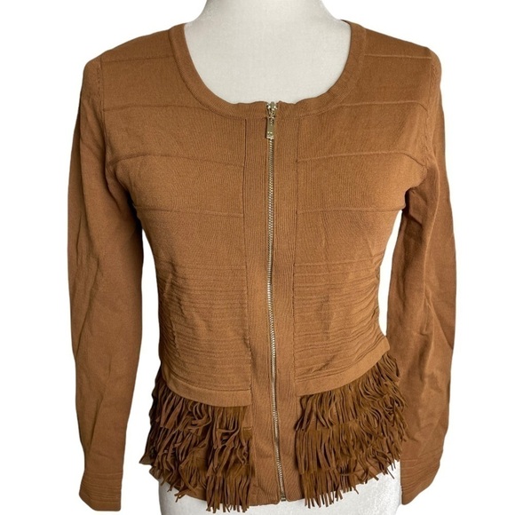 Nwt Melanie Lyne Camel Zipper Front Fringe Sweater. Sz XS - Picture 1 of 6